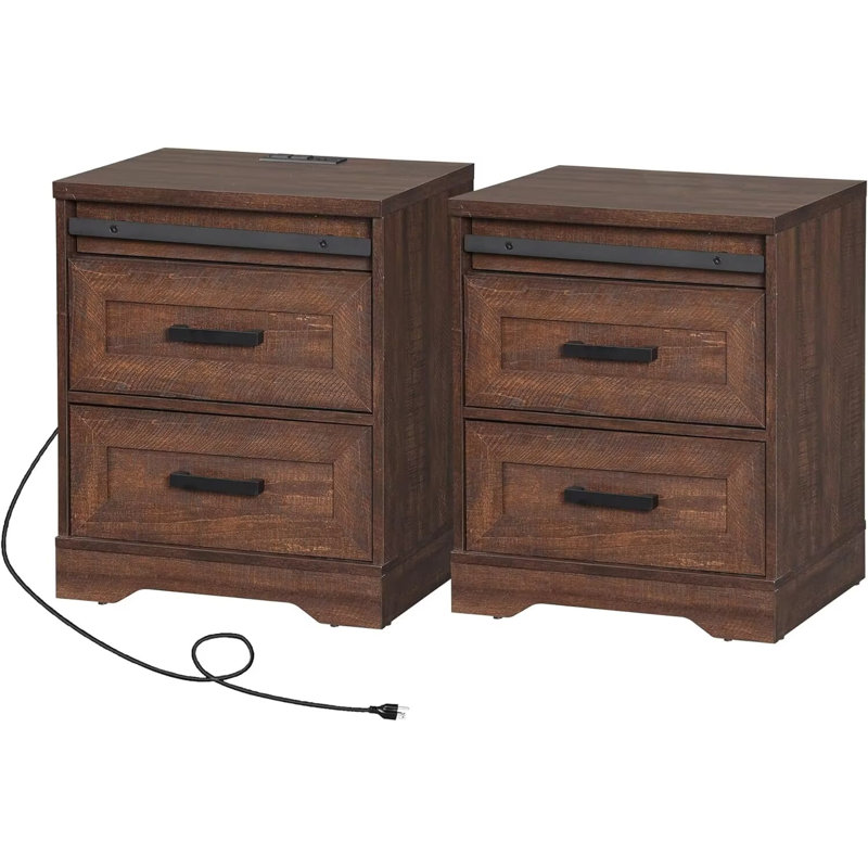 Set of 2 End Table with Charging Station,Side Sofa Table with Drawers, Nightstand with Power Outlets, Brown