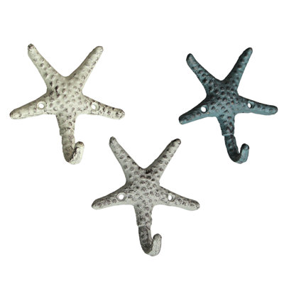 Set of 3 Cast Iron Nautical Starfish Wall Hooks - Stylish and Functional Towel, Hat, and Key Hangers - Rustic 4-Inch Decorative Hooks for Coastal-Themed Home