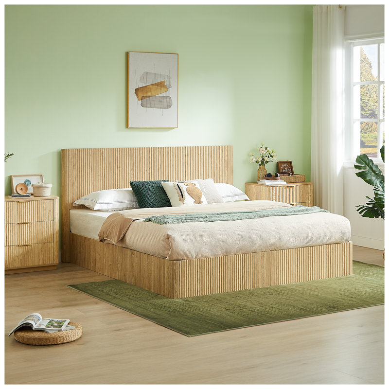 Structure de lit à très grand lit avec rangement à levage hydraulique et finition courbée ondulée - Base de lit plateforme en bois moderne avec rangement caché sous le lit et lattes