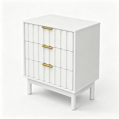 23.6" White Fluted 3-Drawer Dresser, Modern Bedroom Storage Chest with Gold Handles