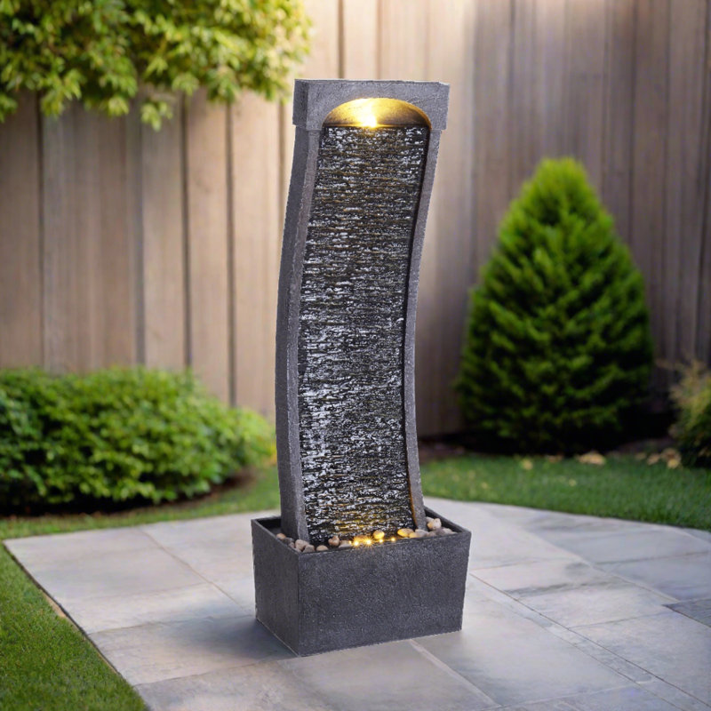Barcot 38.58" Modern Curved Waterfall Fountain with LED Lights, Black