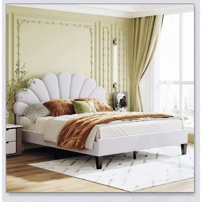 Upholstered Platform Bed with Flower Pattern Velvet Headboard, Combining Comfort, Style, and Easy Assembly for a Modern Bedroom