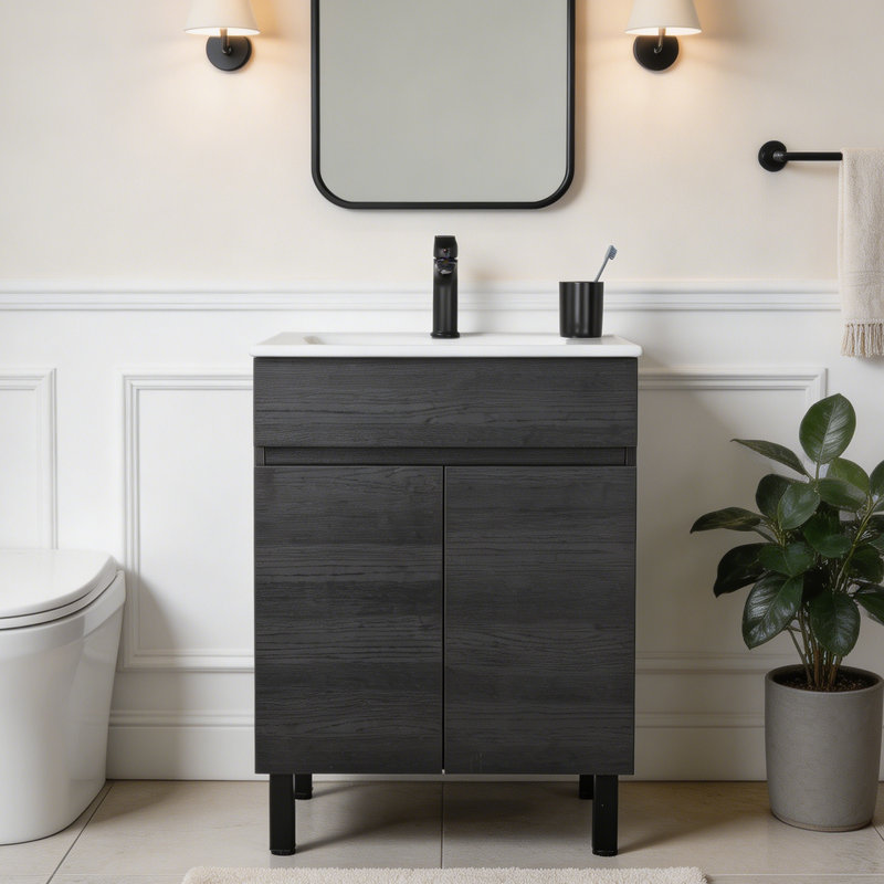 Meuble-lavabo autoportant de 61 cm (24 po) à motif de bois noir avec portes à fermeture amortie