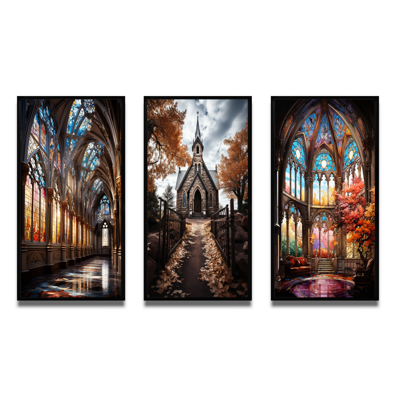 «Vitrail d'église», 3 pièces sur toile, Cadre noir, H 28 po x l 36 po