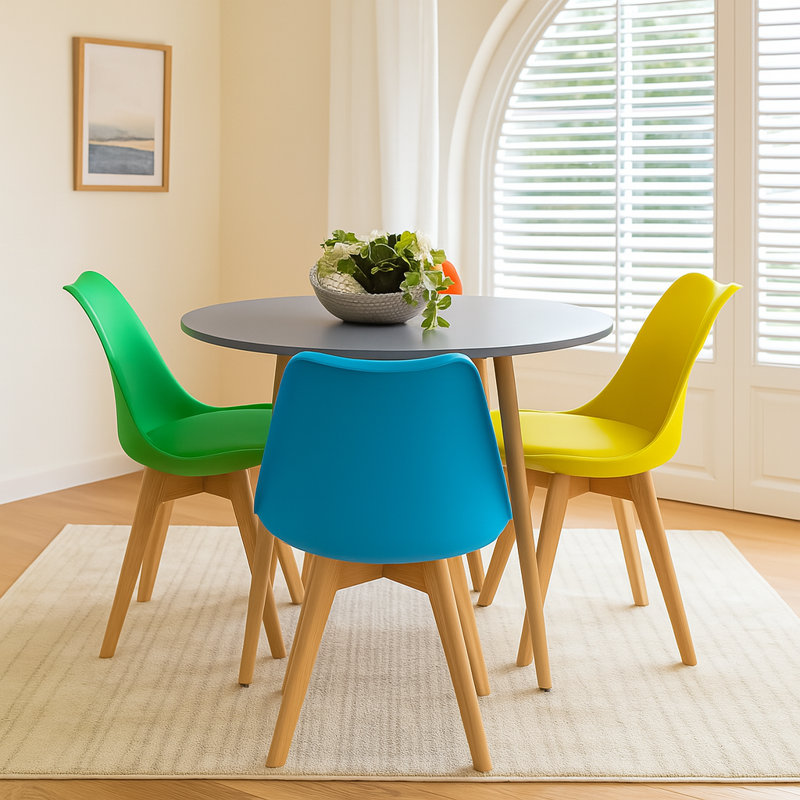 Round Grey Dining Table With Set Of 4 Mixed Colour Tulip Chairs