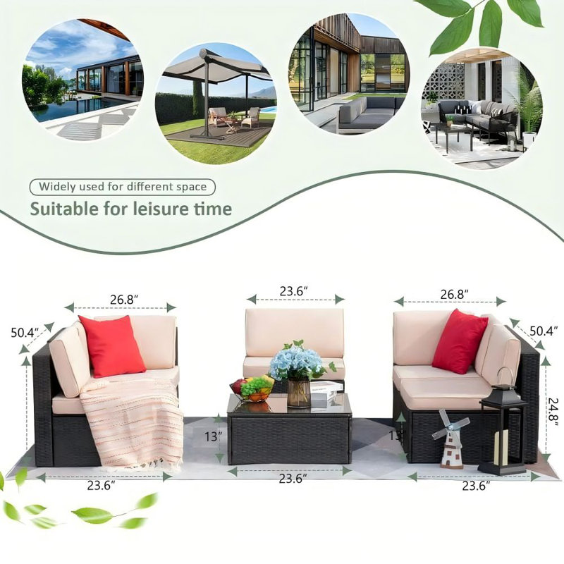 Ensemble de conversation modulaire en rotin 6 pièces avec coussins Ulibarri, Beige / Rouge