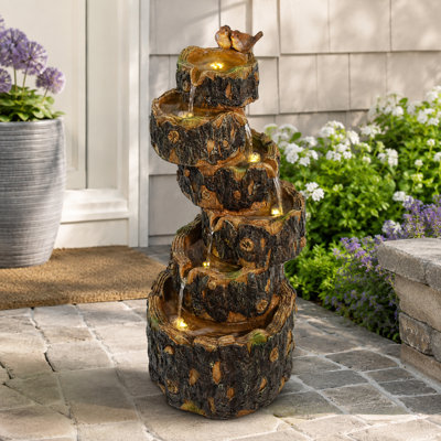 Fontaine rustique en résine en forme de souche d'arbre avec éclairage DEL chaud, hauteur 87 cm (34,25 po). Fontaine de jardin extérieure.