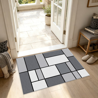 Tapis gris à motif géométrique pour salon, doux et confortable, convient à toutes les saisons, facile à entretenir, tapis de sol intérieur lavable à la machine, ferme sous la table convenant à la chambre à coucher, à la salle à manger, au bureau, au patio, au balcon, à la décoration intérieure