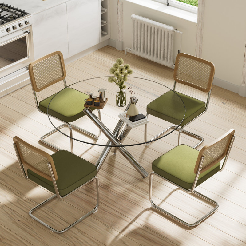 Elegant Round Glass Dining Table Set, Green/Silver, 30"H x 47"L x 47"W, 5