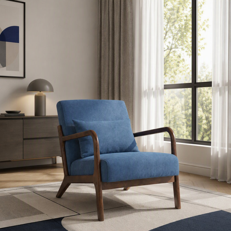 Chaise d'appoint rembourrée avec coussin lombaire Mid-Century, Marron foncé, Bleu