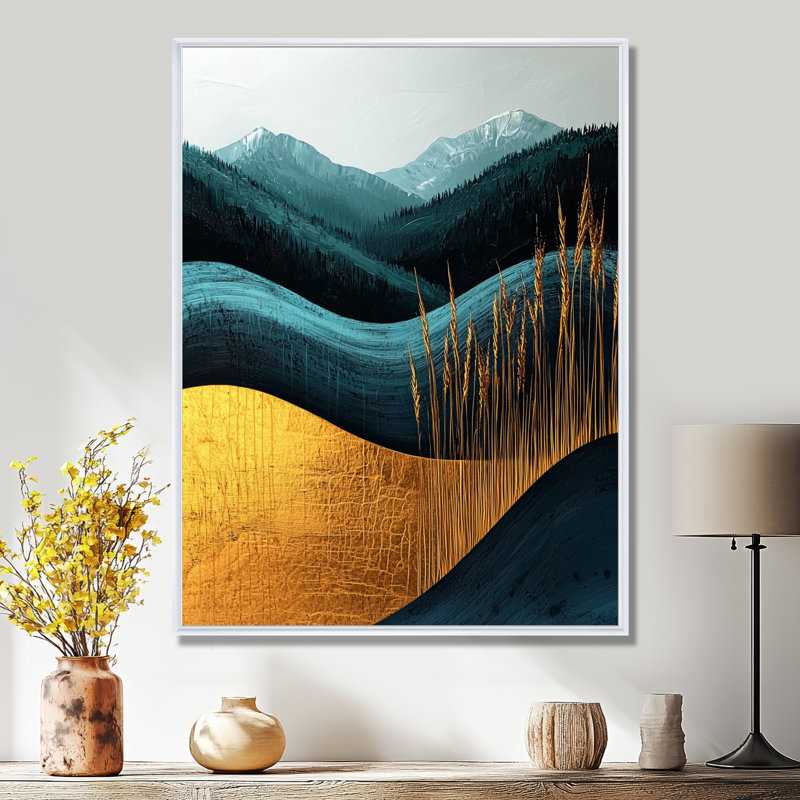 Mylor Quiet Bold Mountain in Emerald Gold Harmony IV - montagnes, art mural, 32" H x 24" W, Impression encadrée flottante