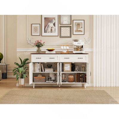 Vintage Sideboard Buffet Cabinet with Hand-Carved Geometric Doors, Distressed Light Wood Finish with Contrast Design, 2 Drawers 4 Doors Storage Cabinet, Adjustable Feet, Raised Base for Easy Cleaning