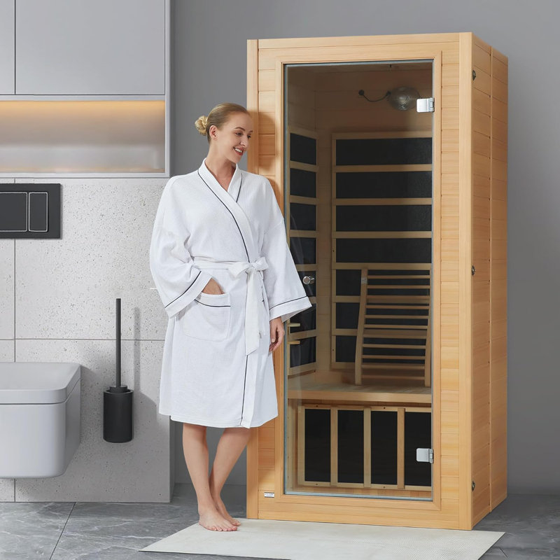 Sauna en bois de pruche du Canada à 1 personne avec 1400 W, 9 lumières de chromothérapie, loniseur à oxygène, Bluetooth, panneau de contrôle ACL pour les journées de spa à domicile