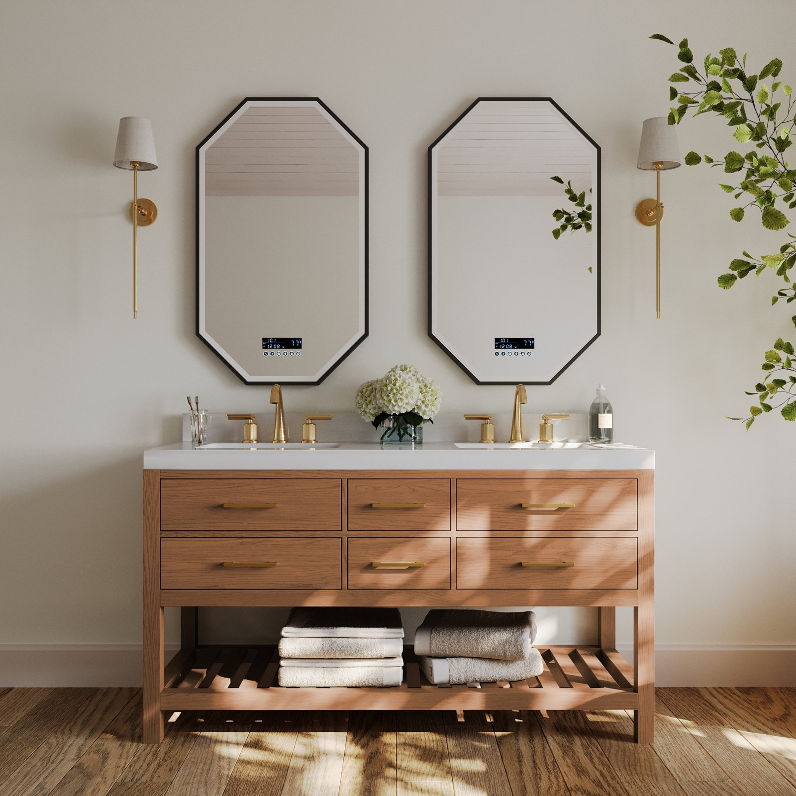Carrie 60'' Double Bathroom Vanity, Sienna/Rose Gold, Pure White Quartz