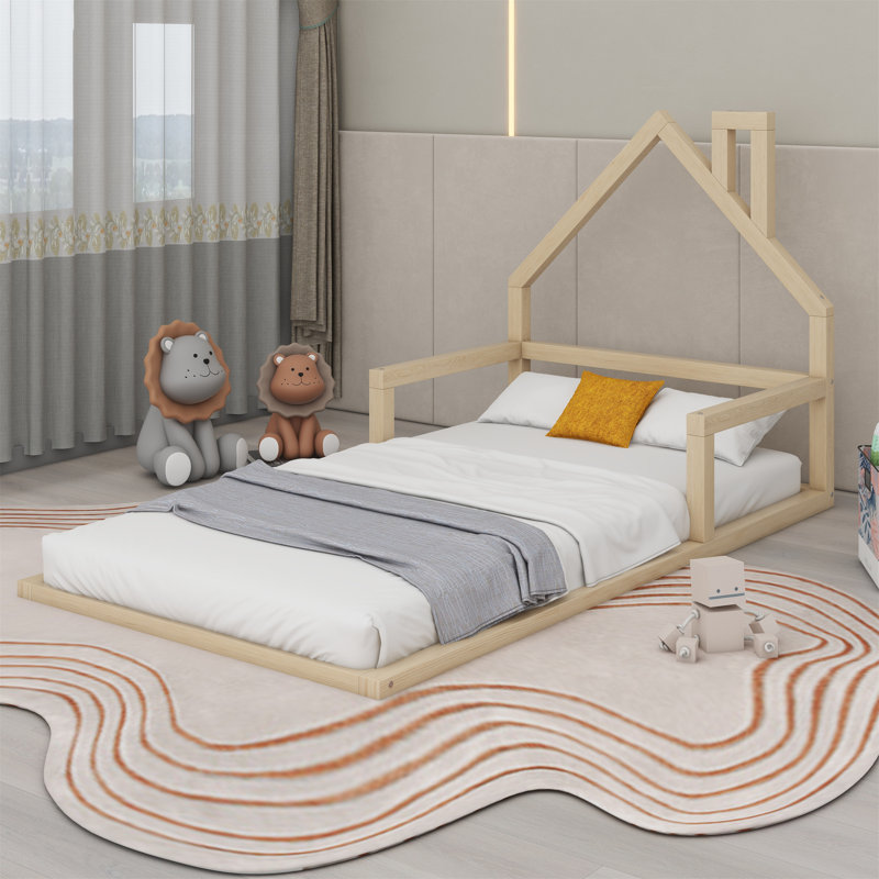 Wood Floor Bed with House-shaped Headboard, Natural, Twin