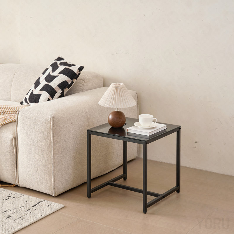 Table de chevet en verre noir - Table d'appoint en MDF avec pieds en métal