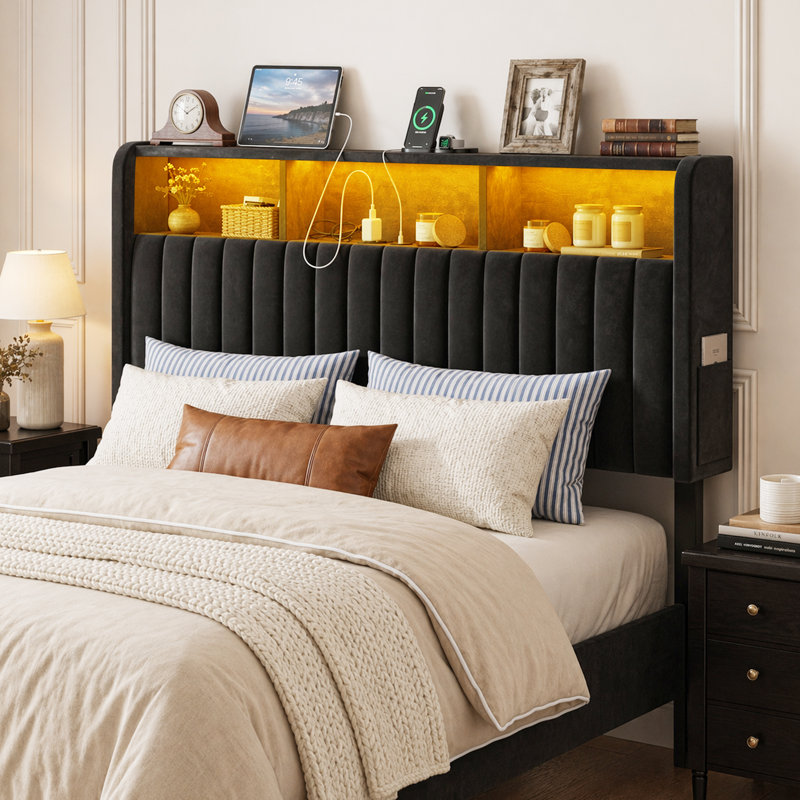 Full Size Storage Headboard, Velvet Upholstered Head Board With Led Lights & Charging Station, Adjustable Height, Easy Assembly, Modern Freestanding Headboard Only, Black