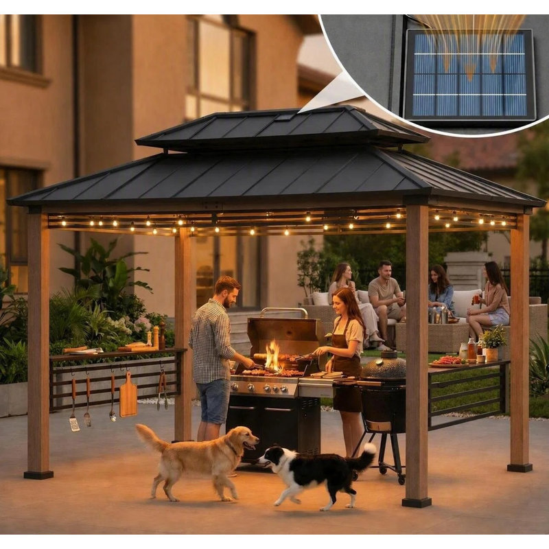 Gazebo de barbecue en bois Sunjoy 2,4 m x 3,7 m avec panneau solaire et supports suspendus. Gazebo de barbecue extérieur de 2,9 m de haut avec toit rigide double en acier et 2 tablettes latérales. Parfait pour une terrasse, une pelouse ou un jardin. Couleur : marron.