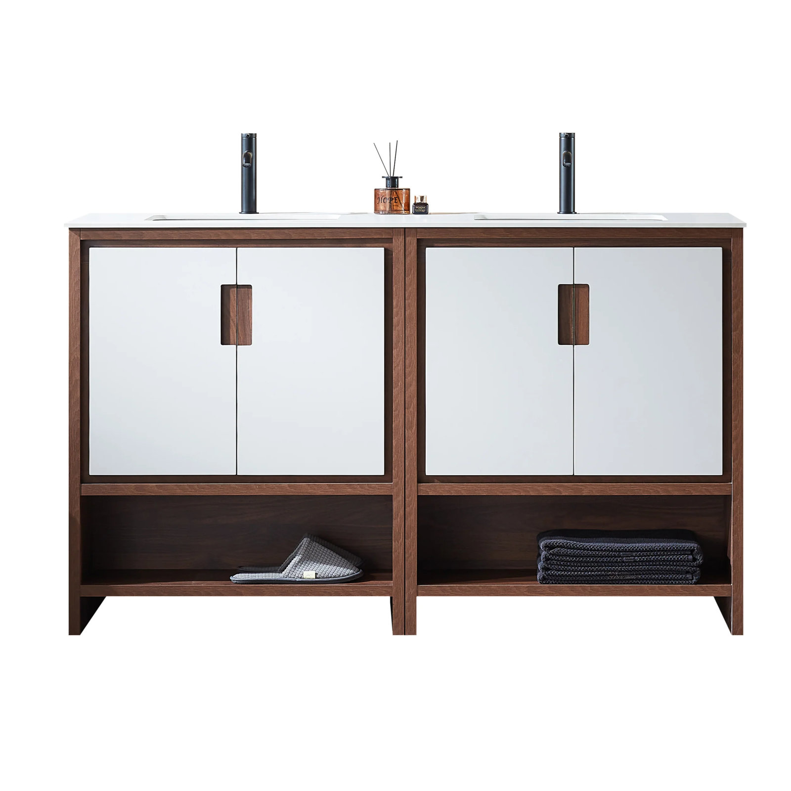 Tomesia 60" Double Bathroom Vanity, Beige/Walnut, White