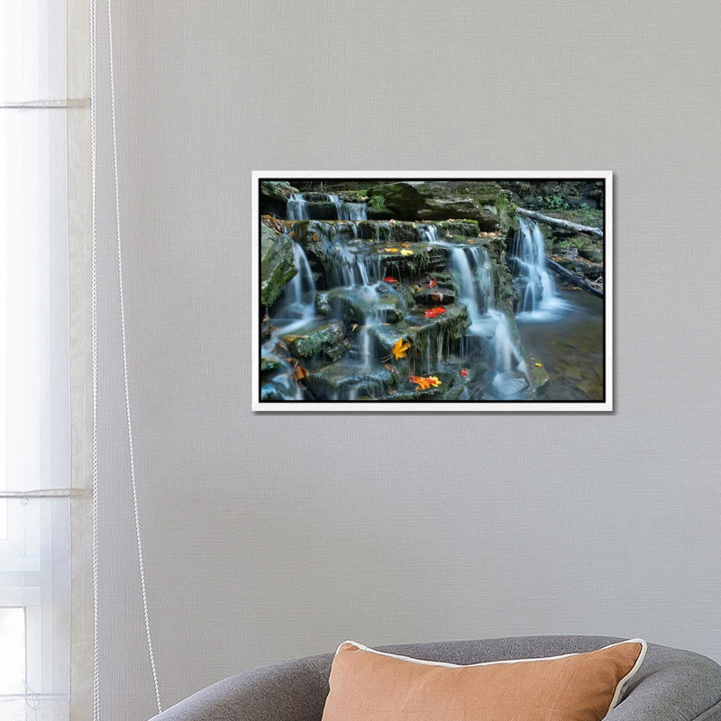 Kitchen Creek Cascades, Autumn, Ricketts Glen State Park, Pennsylvania 1 Piece Floater Frame Wall Art on Canvas, White
