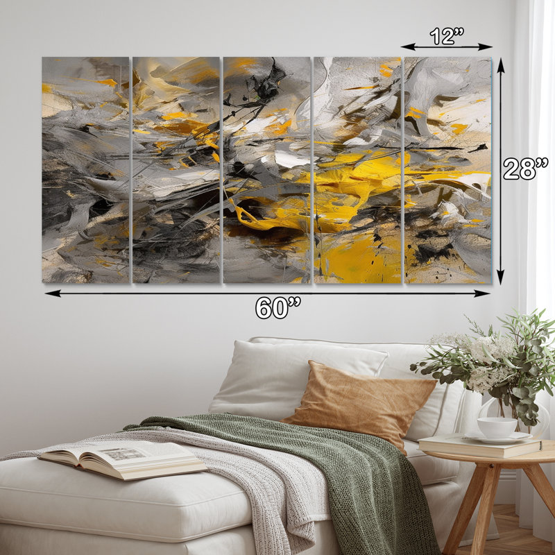 Abstract Collage Canvas Wall Art, Grey Yellow Multi-Panel Decor - Crysta
