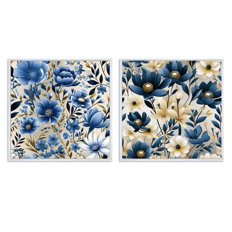 Doynton - Ensemble de 2 collages carrés floraux, H 16 po x l 33 po, Cadre flottant blanc