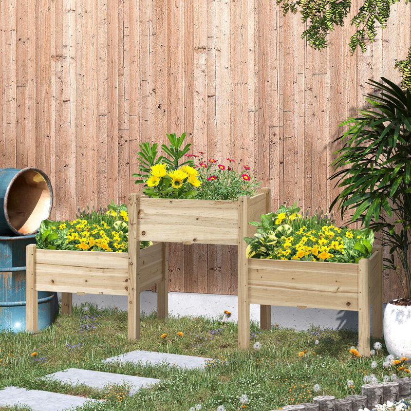 Raised wooden garden bed with drainage holes, Natural