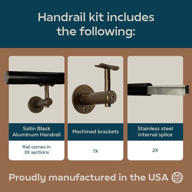 Industrial Aluminum 1.5 Inch Round Complete Indoor/Outdoor Handrail Grab Bar Kit, 240" W, Bronze/Satin Black
