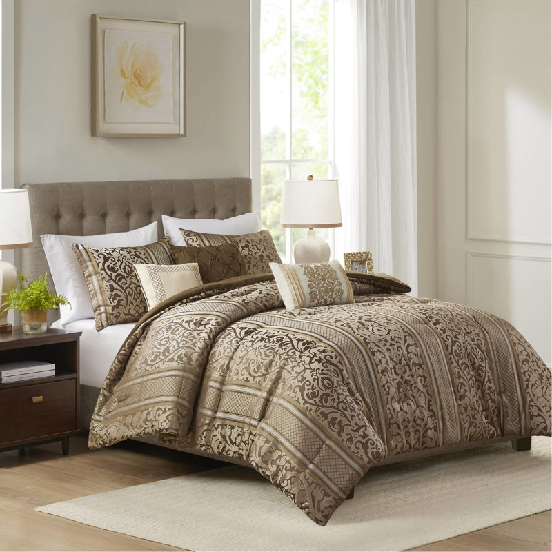 6 Piece Comforter With Throw Pillows For King/ King - Design, , , Washable And Machine Leaf Like Pattern, Fabric
