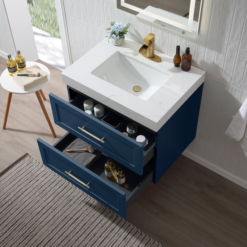 30" Wall Mounted Single Bathroom Vanity with Quartz Top, Navy Blue