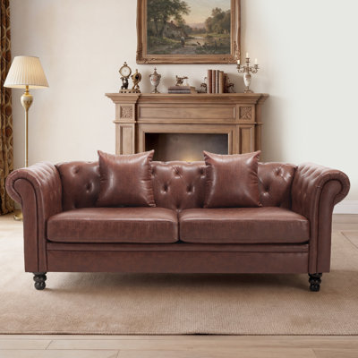 83.1" Wide 3-Seater Chesterfield Sofa, Rolled Arm Faux Leather Couch with Tufted Back
