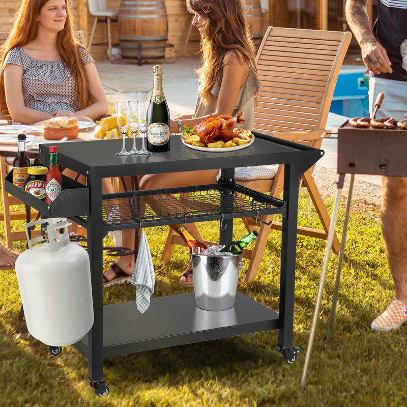 Grill Cart, Pizza Oven Stand Table With Wheels, Outdoor Movable Kitchen Cooking Prep Table Bbq Cart With Mesh Racks For Home Party, Bar, Camping