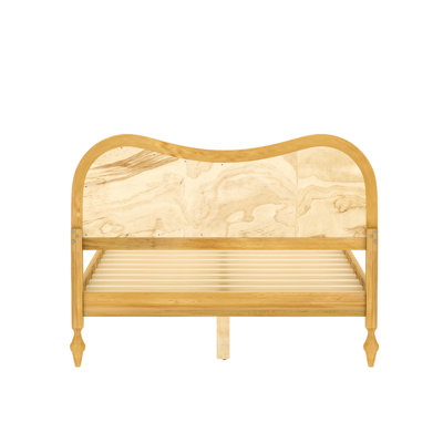 Cadre de lit plateforme moderne de style Mid-Century avec tête de lit courbée en rotin, lit de style scandinave naturel Boho, lit grand pour chambre à coucher, aucun sommier nécessaire, naturel