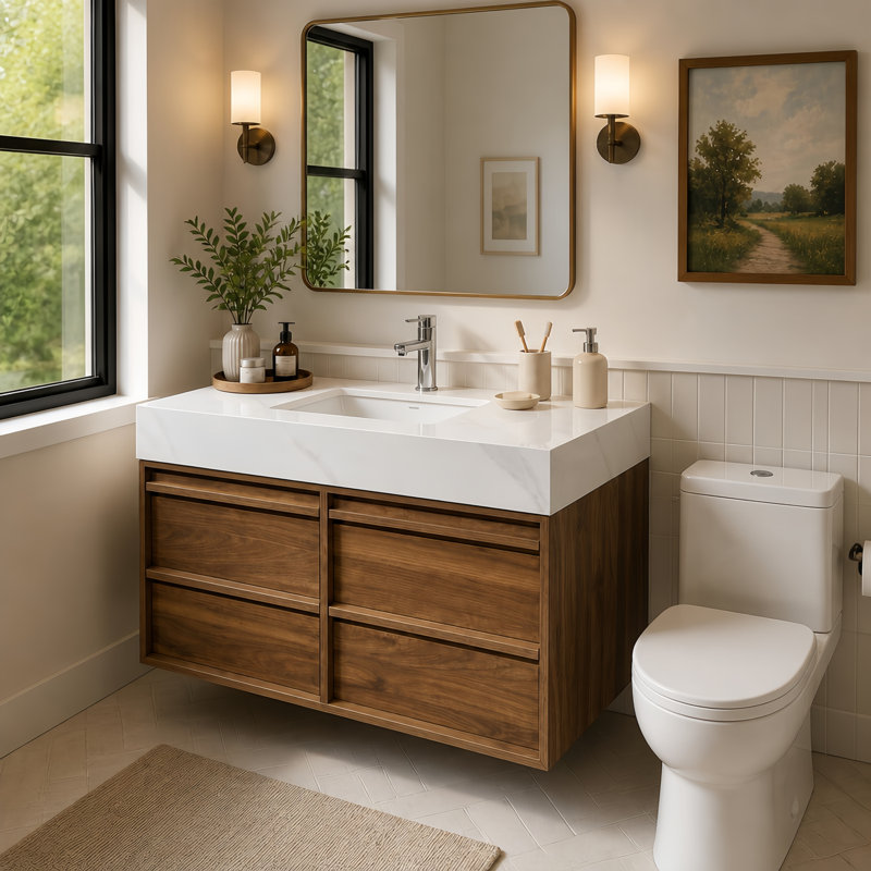 36 Inch Floating Bathroom Vanity with Sink, Solid Wood Wall Mounted Bathroom Cabinet, White Calacatta Quartz Stone Integrated Countertop & Undermount Sink, Modern Minimalist Bathroom Storage Vanity Cabinet for Bathroom