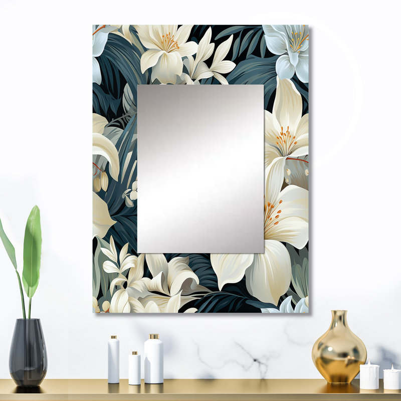 Almagul, motif botanique beige et gris de la jungle - décor de miroir mural unique tropical, grand miroir tropical, impression d'art en métal