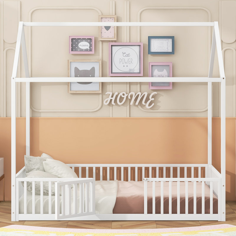 Metal House Bed With Fence, White, Full