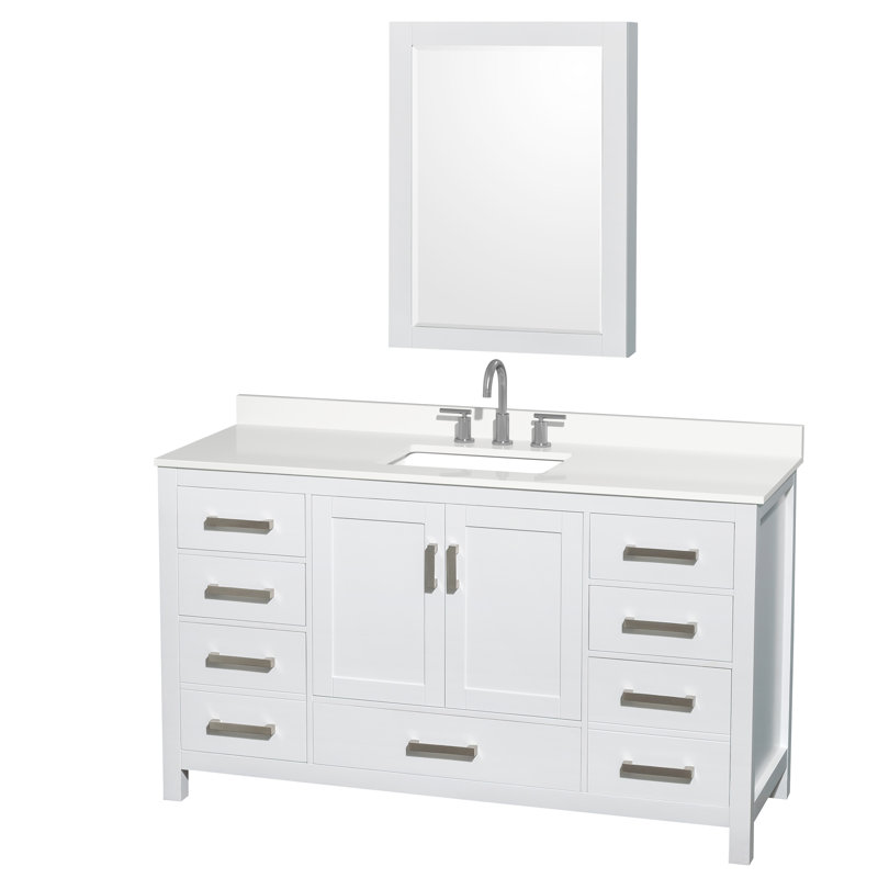 Sheffield 60" Freestanding Single Bathroom Vanity with Quartz Top with Medicine Cabinet, Chrome, White, White Quartz