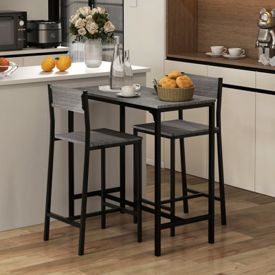 Table de bar et tabourets 3 pièces gris, hauteur de comptoir industrielle pour 2 personnes, chaises compactes grises, petit coin-repas compact