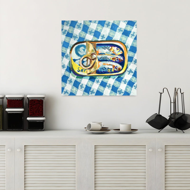 Art mural côtier sardines sur bleu à carreaux, H 18 po x l 18 po
