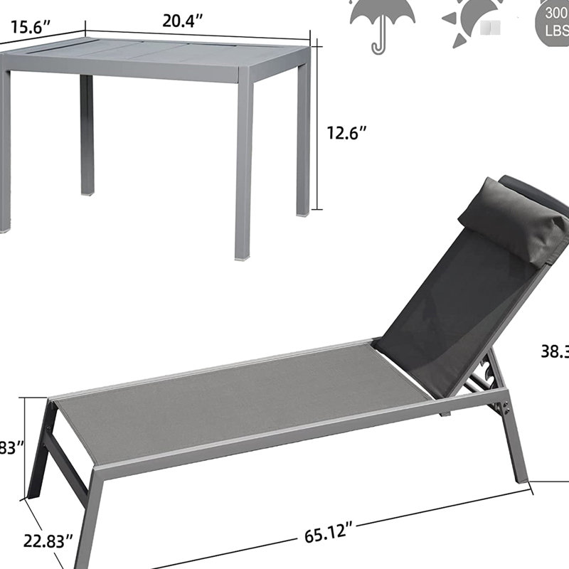 Chaise longue d'extérieur, 3 pièces en aluminium, tissu, 5 positions de dossier réglables, gris, pour le jardin, la pelouse, les chaises en aluminium au bord de la piscine, le patio,