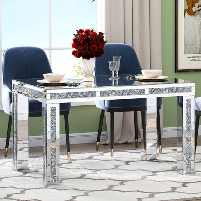 Douty Lamatan Mirrored Dining Table Glass Top with 4 Legs Crushed Diamond Inlay by Mercer41