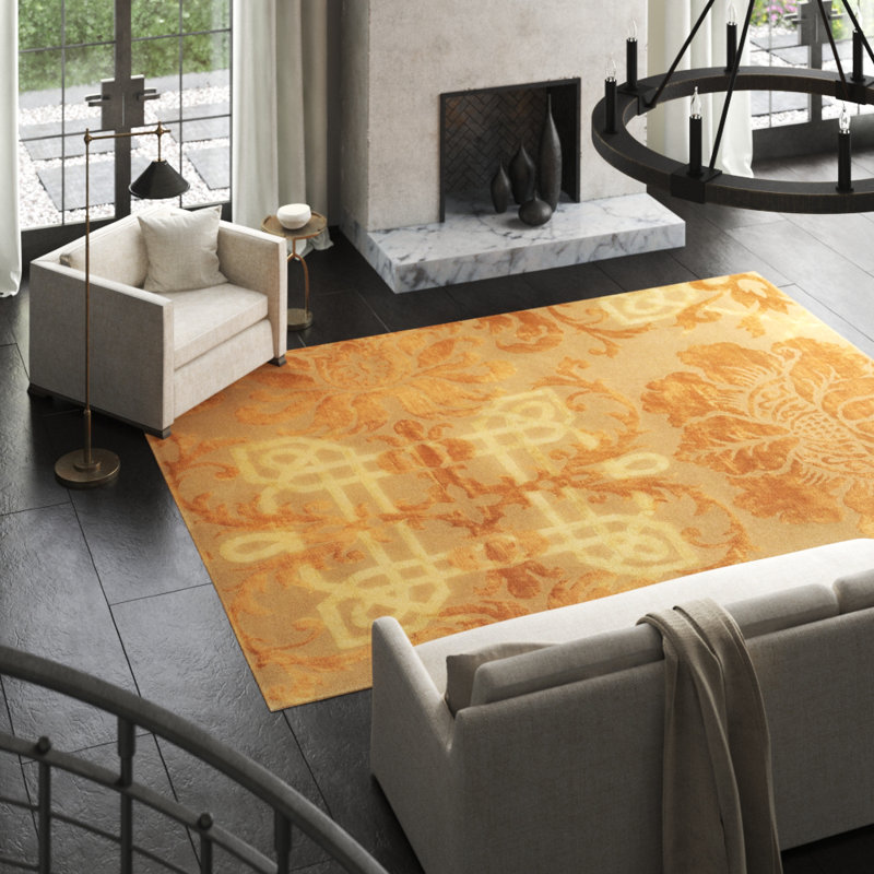 Brocade Floral Area Rug in Gold, Rectangle 9' x 12'