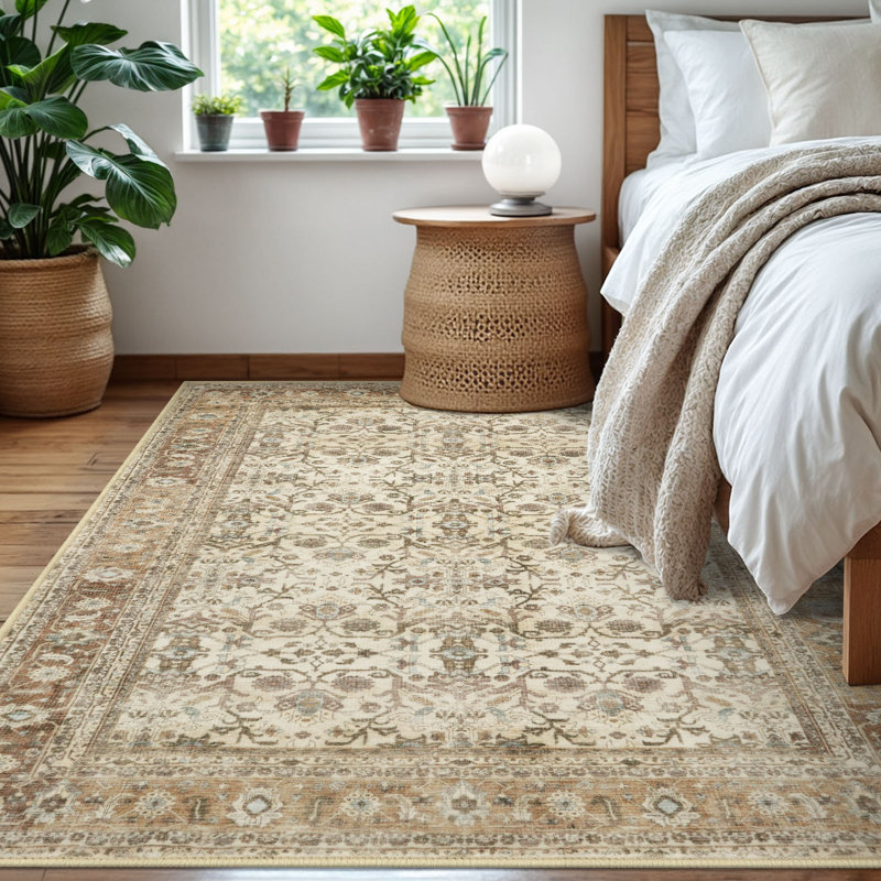 Tapis tribal à motif floral lavable à la machine avec envers antidérapant pour le salon de la chambre à coucher, Beige/brun
