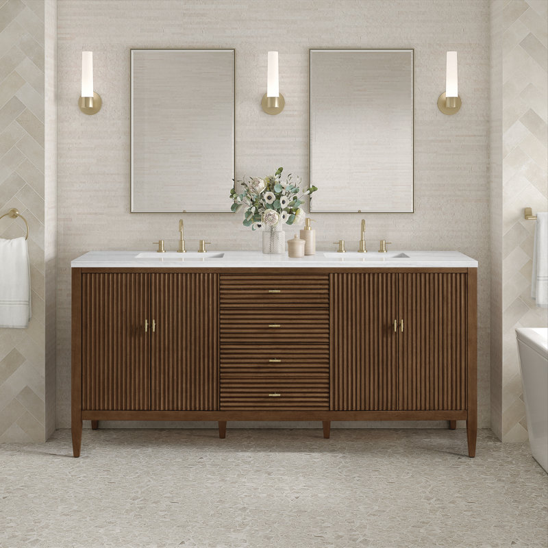 Myrrin 72'' W Double Vanity, Mid-Century Walnut, 8" Widespread, Phantome Eclos