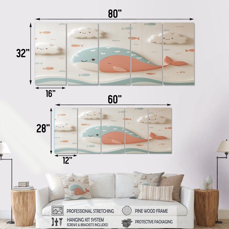 «Gentle Whales I», ensemble d'art mural sur toile de chambre de bébé, H 32 po x l 80 po