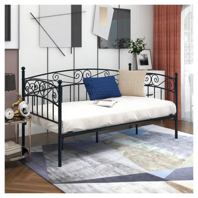 Structure de lit de jour simple en métal avec tête de lit - Canapé-lit multifonctionnel pour la chambre à coucher, Chambre d'amis - Sommier moderne avec rangement sous le lit, noir