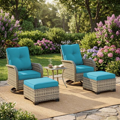 5-Piece Outdoor Swivel Glider Chair Set With Cushions, Ottomans And Side Table
