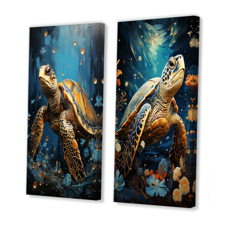 Ensemble de 2 décorations murales sous-marine Golden Shell - Tortue, H 28 po x l 25 po, Toile tendue