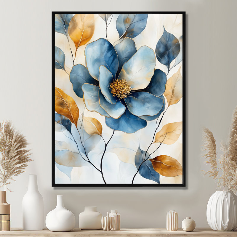 Fleur d'azur et d'or - Tableau botanique encadré, H 40 po x l 30 po, Cadre flottant noir
