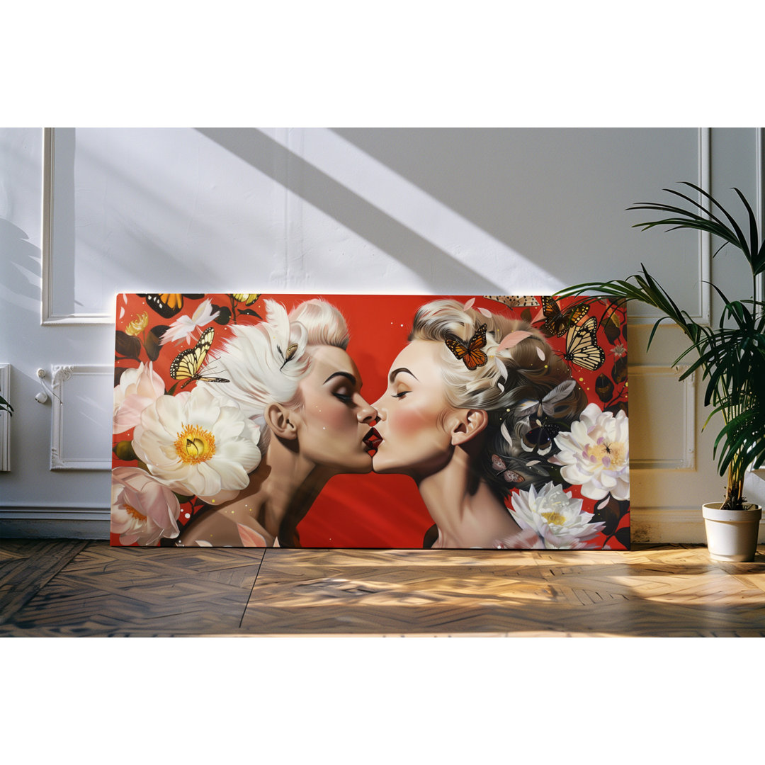 Wandbild 120x60cm Porträt von zwei jungen Frauen Rot Kuss Blumen Blüten Kunstvoll